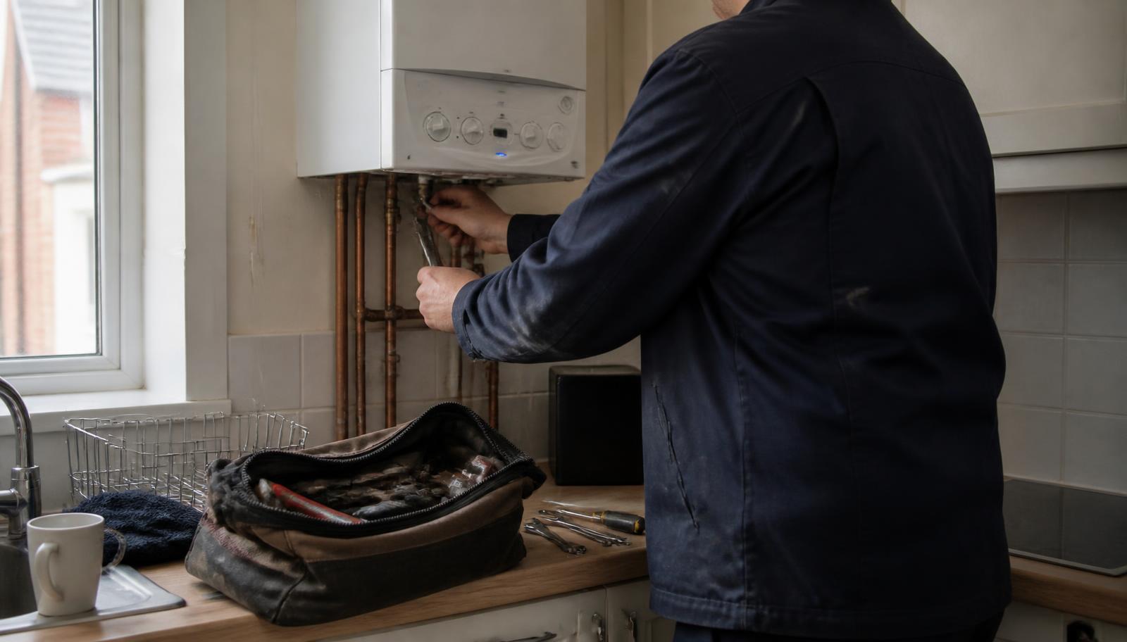 Harpenden Plumbing and Heating engineer at work on a domestic boiler